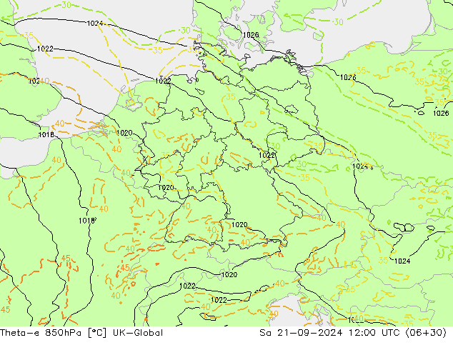 Theta-e 850hPa UK-Global sam 21.09.2024 12 UTC