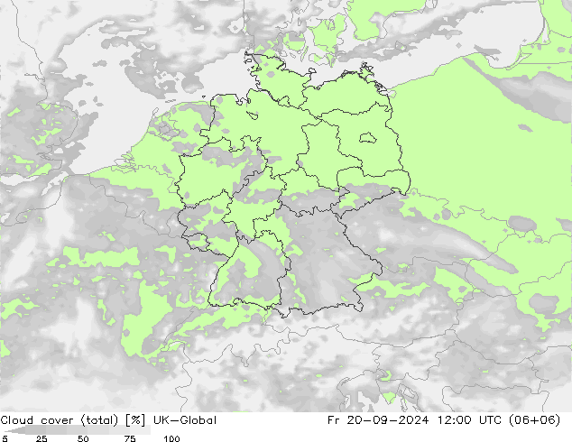 Bewolking (Totaal) UK-Global vr 20.09.2024 12 UTC