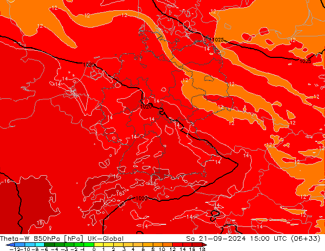 Theta-W 850hPa UK-Global Sáb 21.09.2024 15 UTC