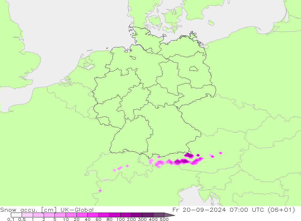 Totale sneeuw UK-Global vr 20.09.2024 07 UTC