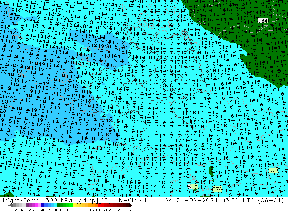 Height/Temp. 500 гПа UK-Global сб 21.09.2024 03 UTC