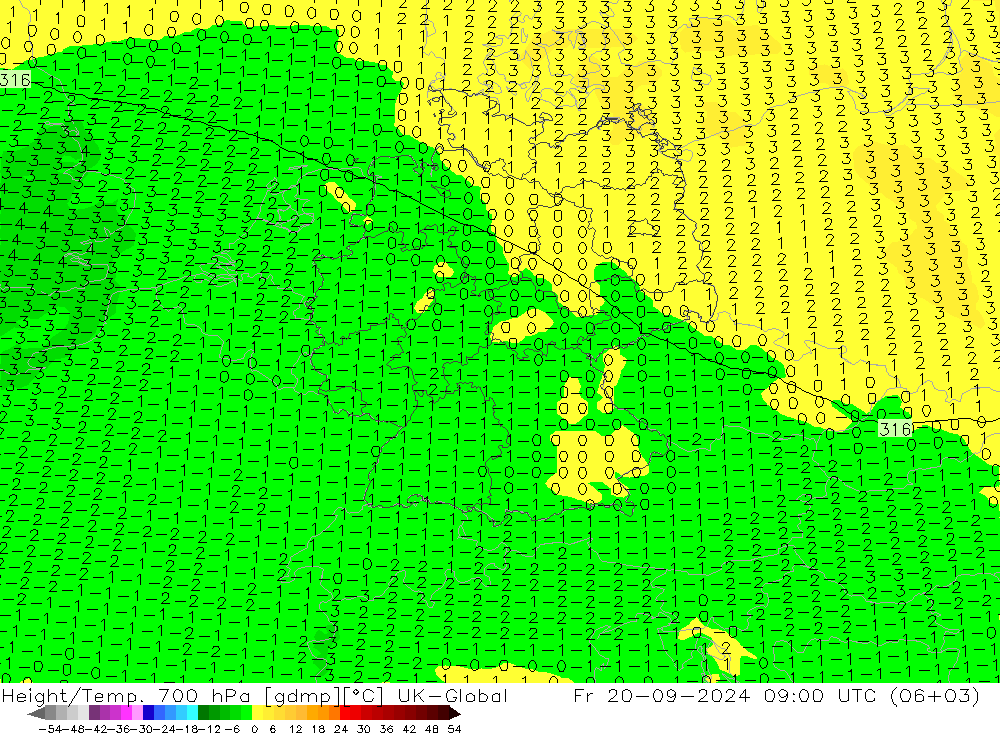 Height/Temp. 700 hPa UK-Global Pá 20.09.2024 09 UTC