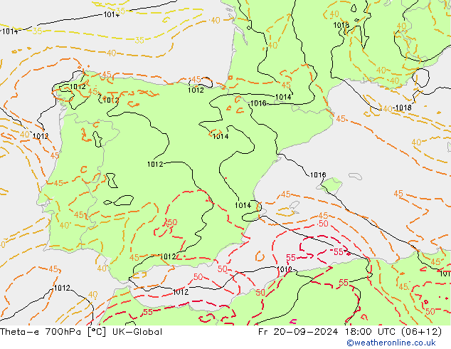 Theta-e 700гПа UK-Global пт 20.09.2024 18 UTC