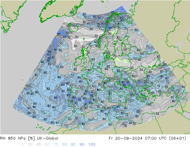 Humedad rel. 850hPa UK-Global vie 20.09.2024 07 UTC