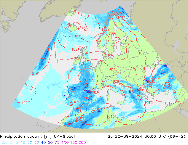 Precipitation accum. UK-Global Su 22.09.2024 00 UTC