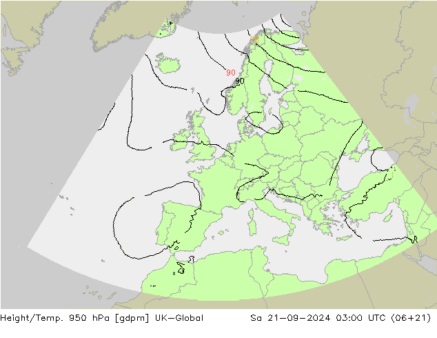 Height/Temp. 950 hPa UK-Global Sáb 21.09.2024 03 UTC