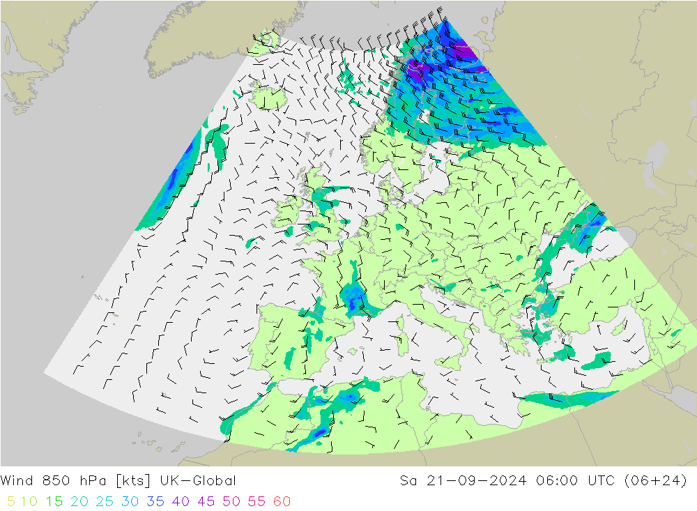 ветер 850 гПа UK-Global сб 21.09.2024 06 UTC