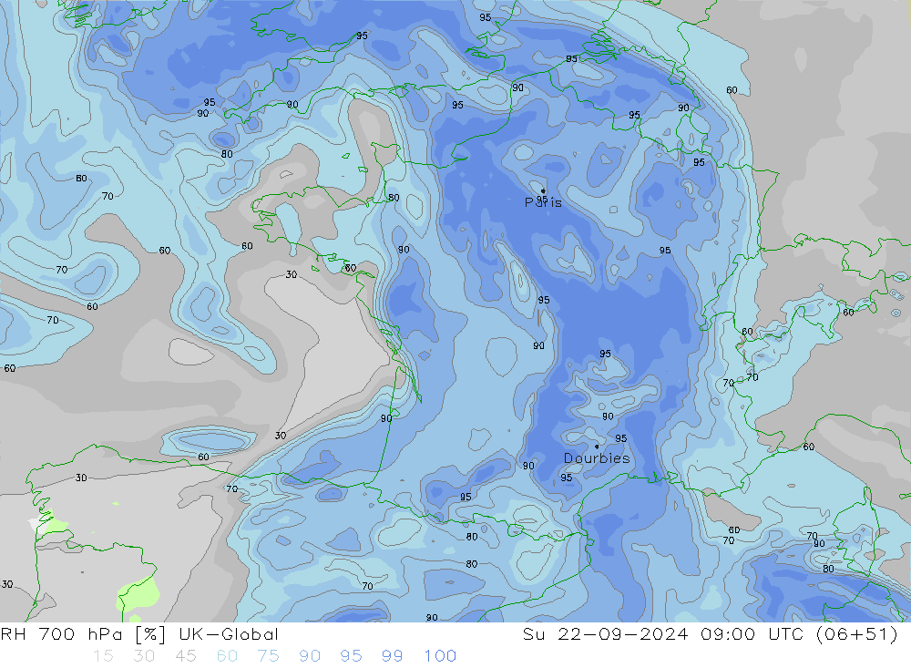 Humidité rel. 700 hPa UK-Global dim 22.09.2024 09 UTC