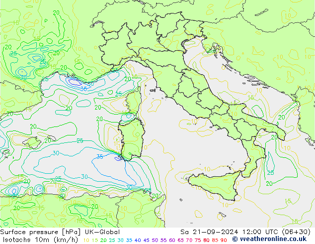 Isotaca (kph) UK-Global sáb 21.09.2024 12 UTC