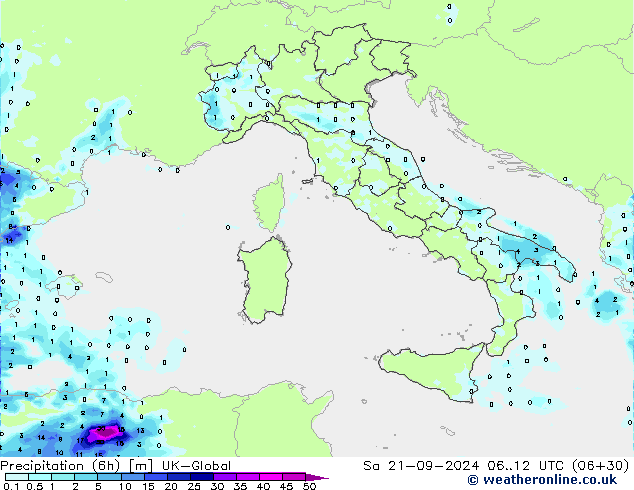 осадки (6h) UK-Global сб 21.09.2024 12 UTC