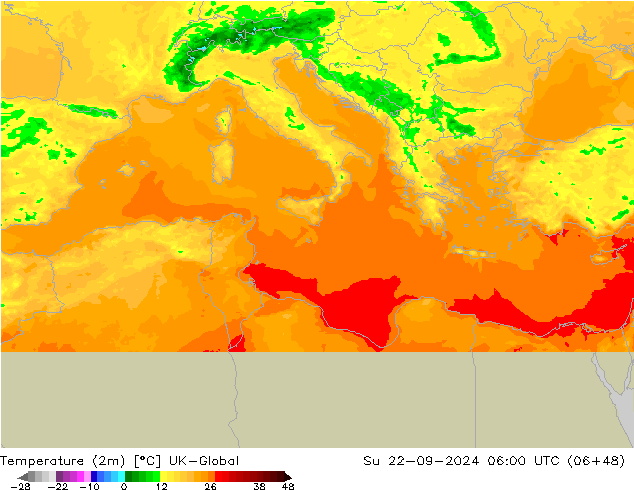 mapa temperatury (2m) UK-Global nie. 22.09.2024 06 UTC