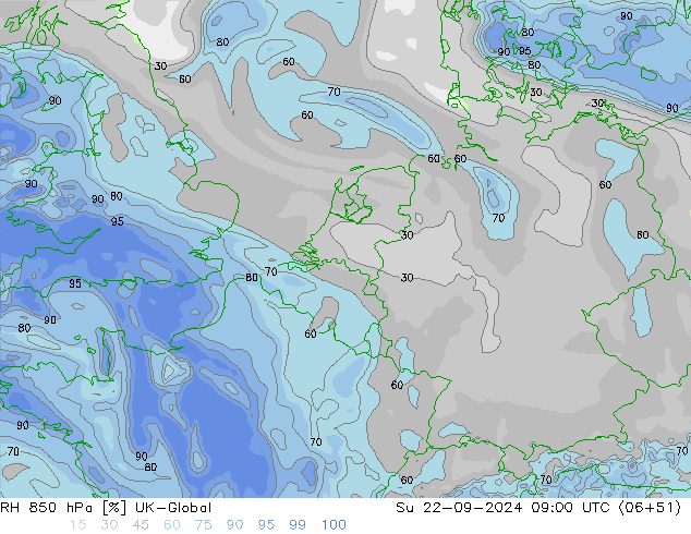 RH 850 hPa UK-Global Dom 22.09.2024 09 UTC