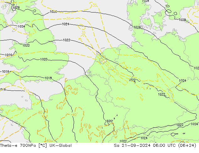 Theta-e 700hPa UK-Global Sa 21.09.2024 06 UTC