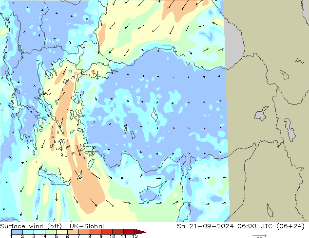 Rüzgar 10 m (bft) UK-Global Cts 21.09.2024 06 UTC