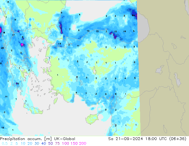 Precipitation accum. UK-Global Sáb 21.09.2024 18 UTC