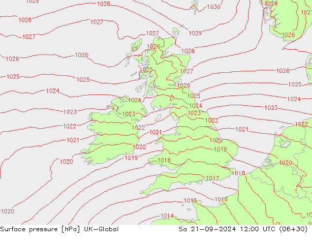 Pressione al suolo UK-Global sab 21.09.2024 12 UTC