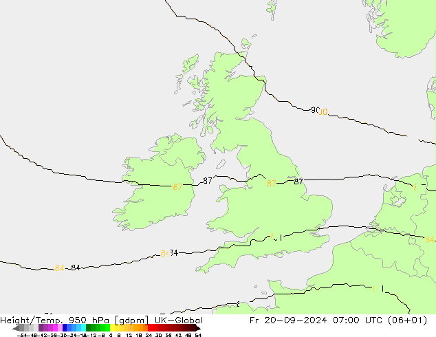 Height/Temp. 950 hPa UK-Global Fr 20.09.2024 07 UTC