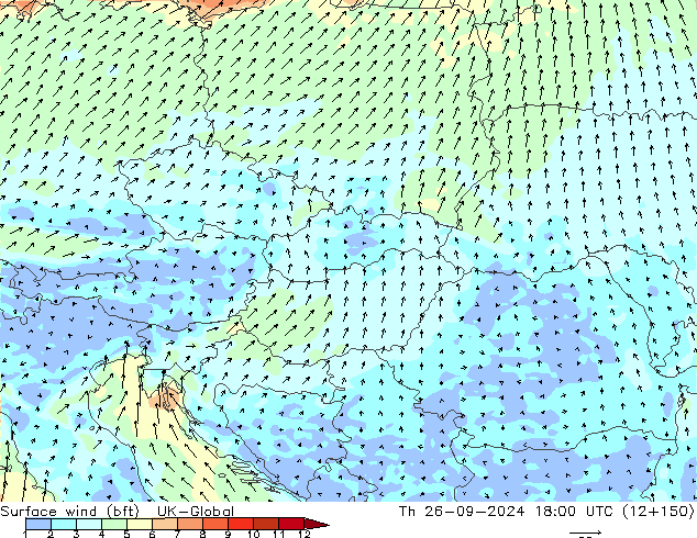 Surface wind (bft) UK-Global Th 26.09.2024 18 UTC