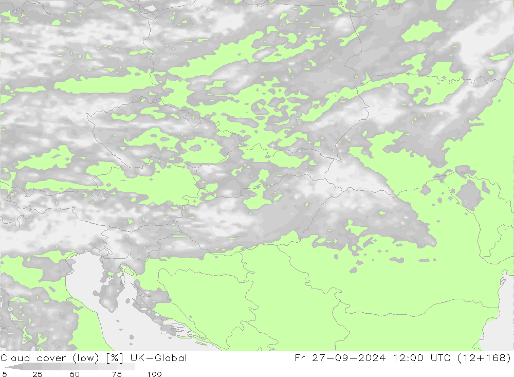 Cloud cover (low) UK-Global Fr 27.09.2024 12 UTC