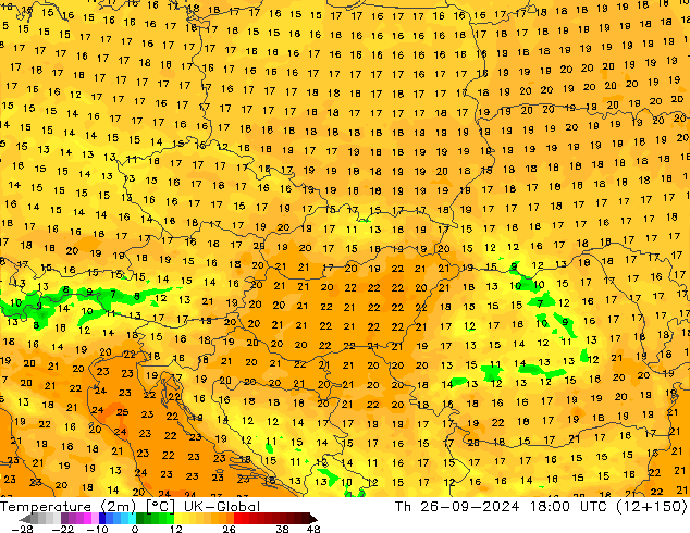 Temperature (2m) UK-Global Th 26.09.2024 18 UTC