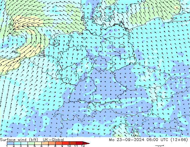 Surface wind (bft) UK-Global Mo 23.09.2024 06 UTC