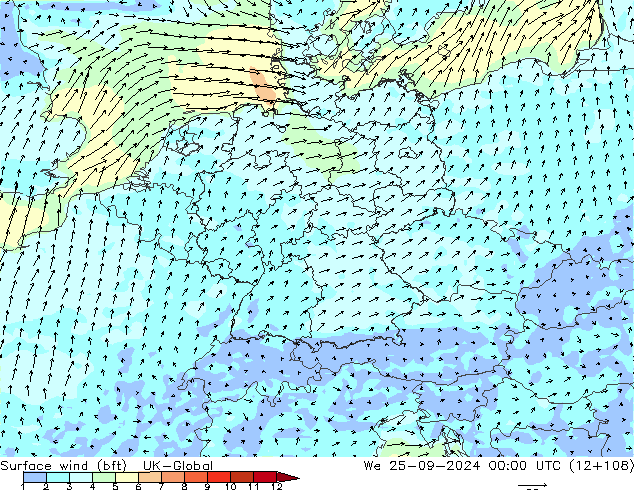Surface wind (bft) UK-Global We 25.09.2024 00 UTC