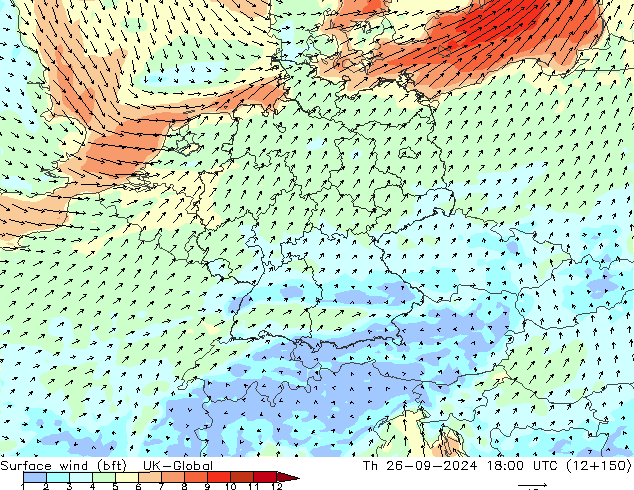 Surface wind (bft) UK-Global Čt 26.09.2024 18 UTC