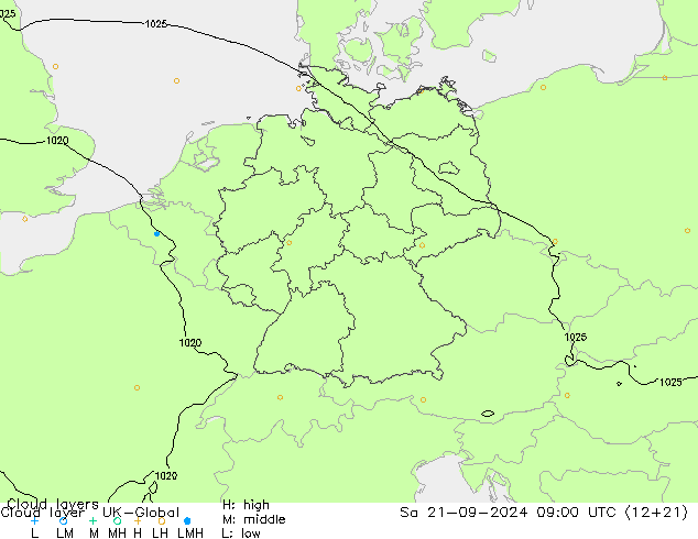 Cloud layer UK-Global сб 21.09.2024 09 UTC