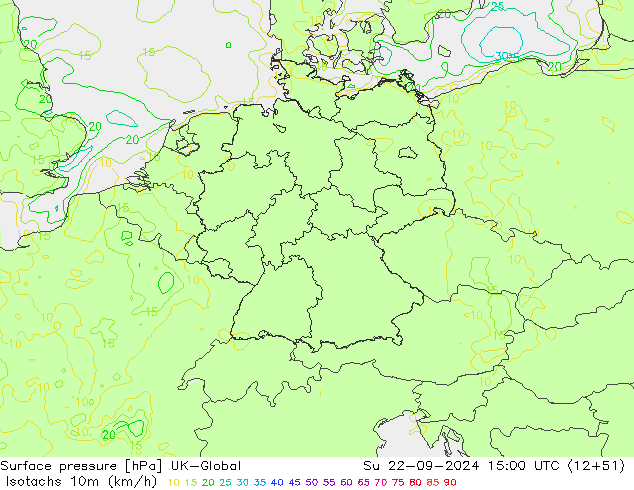 Isotachen (km/h) UK-Global zo 22.09.2024 15 UTC