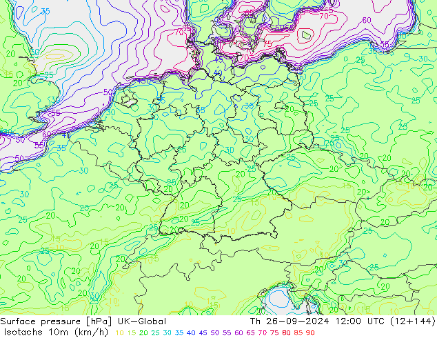 Isotachs (kph) UK-Global jeu 26.09.2024 12 UTC