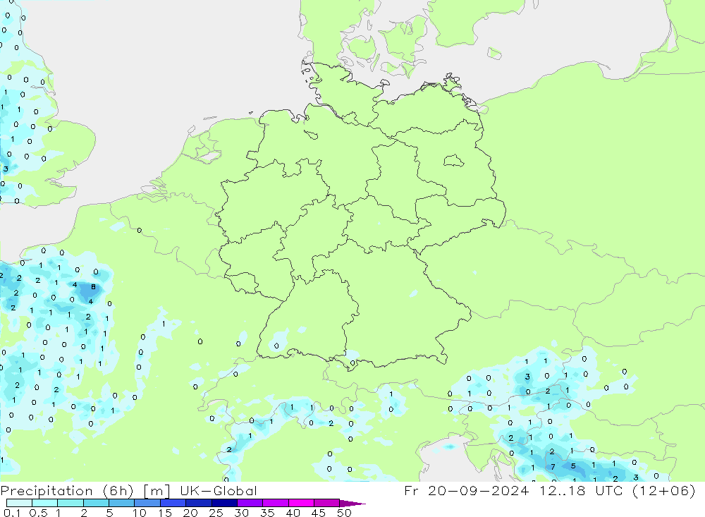 Precipitation (6h) UK-Global Fr 20.09.2024 18 UTC