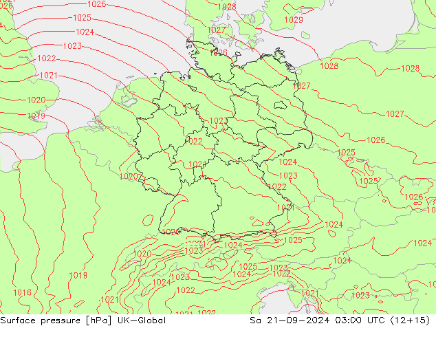 Pressione al suolo UK-Global sab 21.09.2024 03 UTC