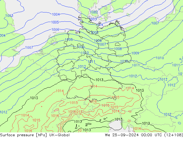 Pressione al suolo UK-Global mer 25.09.2024 00 UTC