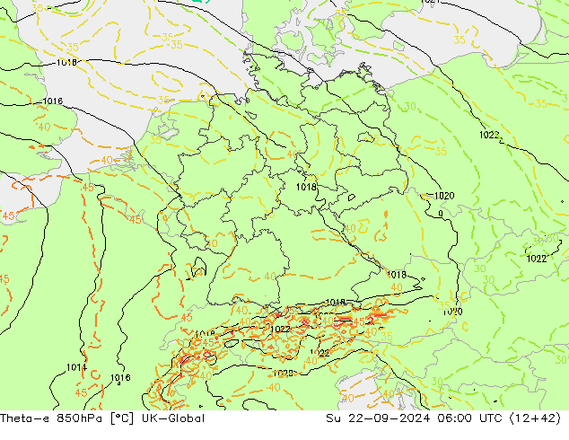 Theta-e 850hPa UK-Global Su 22.09.2024 06 UTC