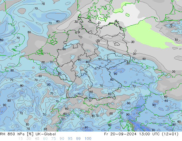 RH 850 hPa UK-Global Fr 20.09.2024 13 UTC