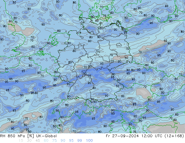 RH 850 hPa UK-Global Fr 27.09.2024 12 UTC