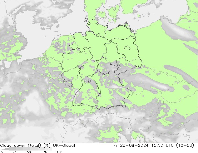 Bewolking (Totaal) UK-Global vr 20.09.2024 15 UTC