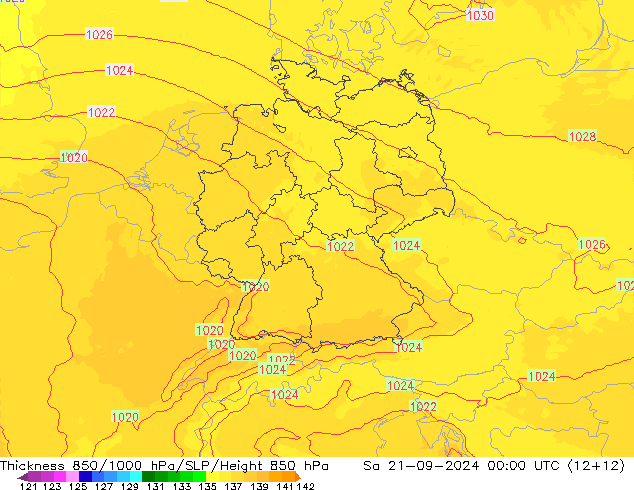 Thck 850-1000 гПа UK-Global сб 21.09.2024 00 UTC