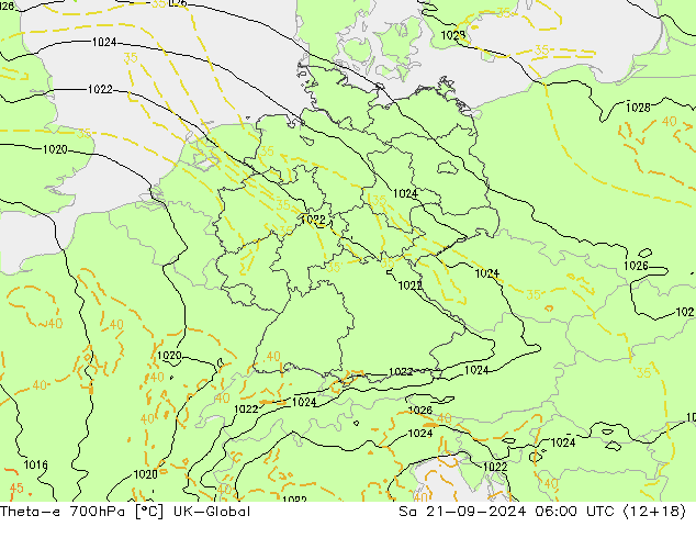 Theta-e 700hPa UK-Global so. 21.09.2024 06 UTC