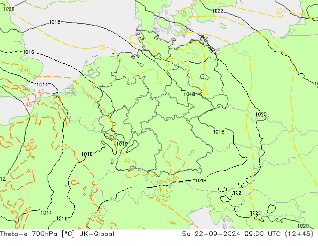 Theta-e 700hPa UK-Global So 22.09.2024 09 UTC
