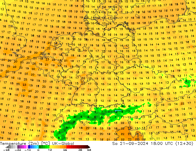 Temperatura (2m) UK-Global sab 21.09.2024 18 UTC