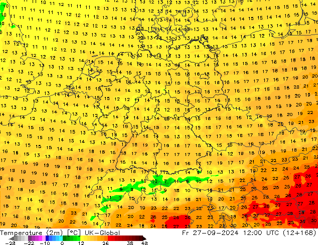 Temperatura (2m) UK-Global vie 27.09.2024 12 UTC