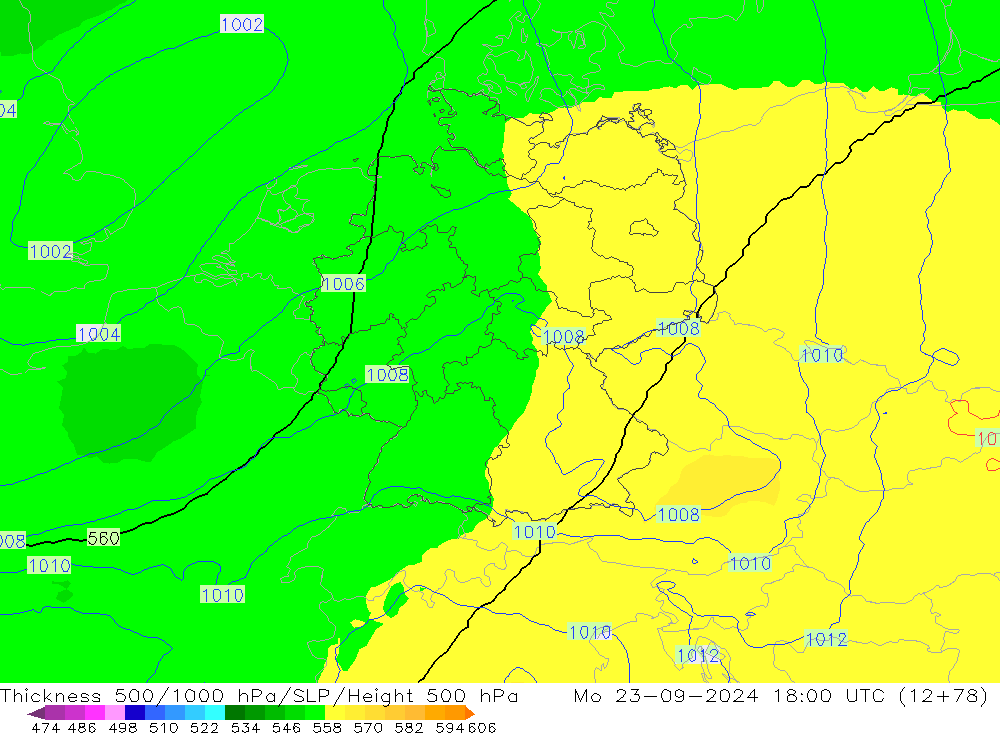 Espesor 500-1000 hPa UK-Global lun 23.09.2024 18 UTC