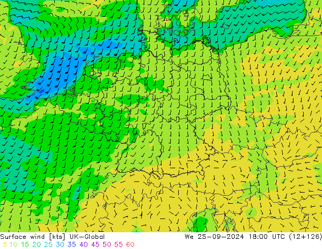 Surface wind UK-Global We 25.09.2024 18 UTC