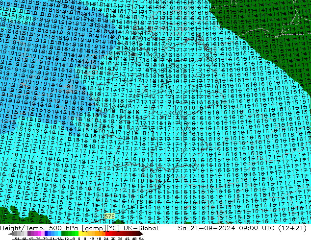 Hoogte/Temp. 500 hPa UK-Global za 21.09.2024 09 UTC