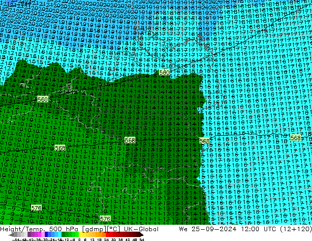 Height/Temp. 500 hPa UK-Global We 25.09.2024 12 UTC