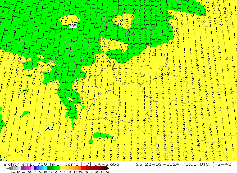 Height/Temp. 700 hPa UK-Global So 22.09.2024 12 UTC