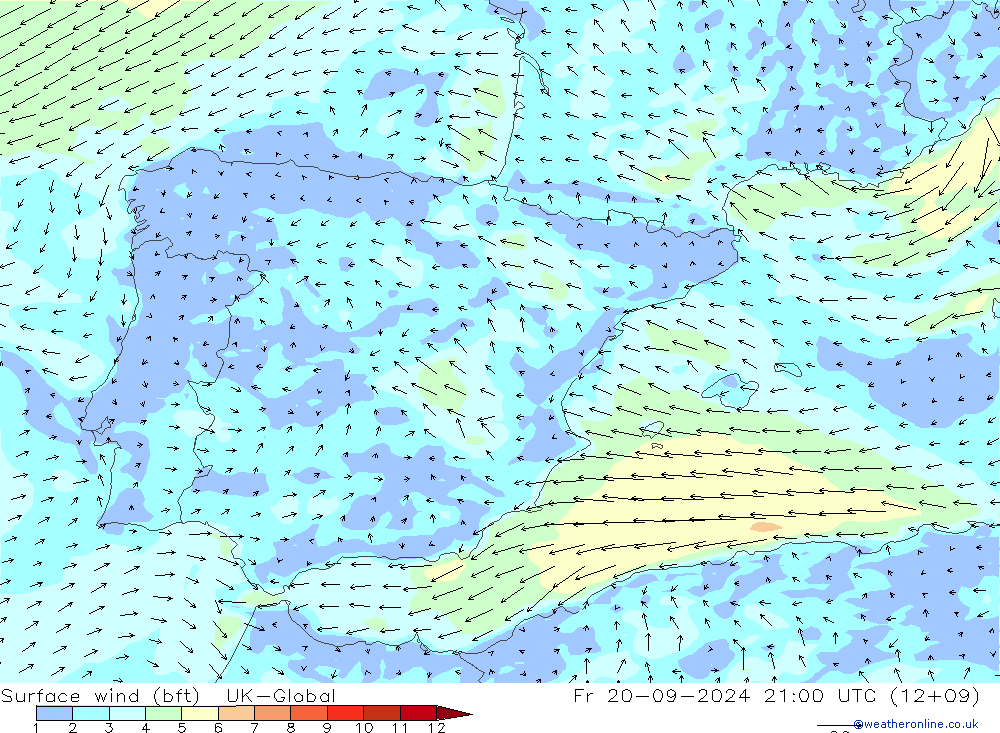 Vento 10 m (bft) UK-Global ven 20.09.2024 21 UTC