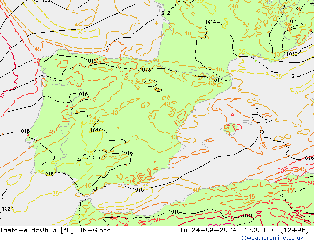 Theta-e 850hPa UK-Global Út 24.09.2024 12 UTC