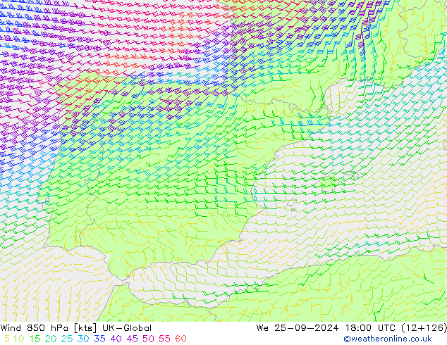 Rüzgar 850 hPa UK-Global Çar 25.09.2024 18 UTC